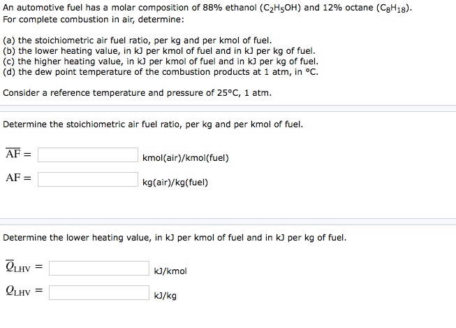 Solved An automotive fuel has a molar composition of 88% | Chegg.com