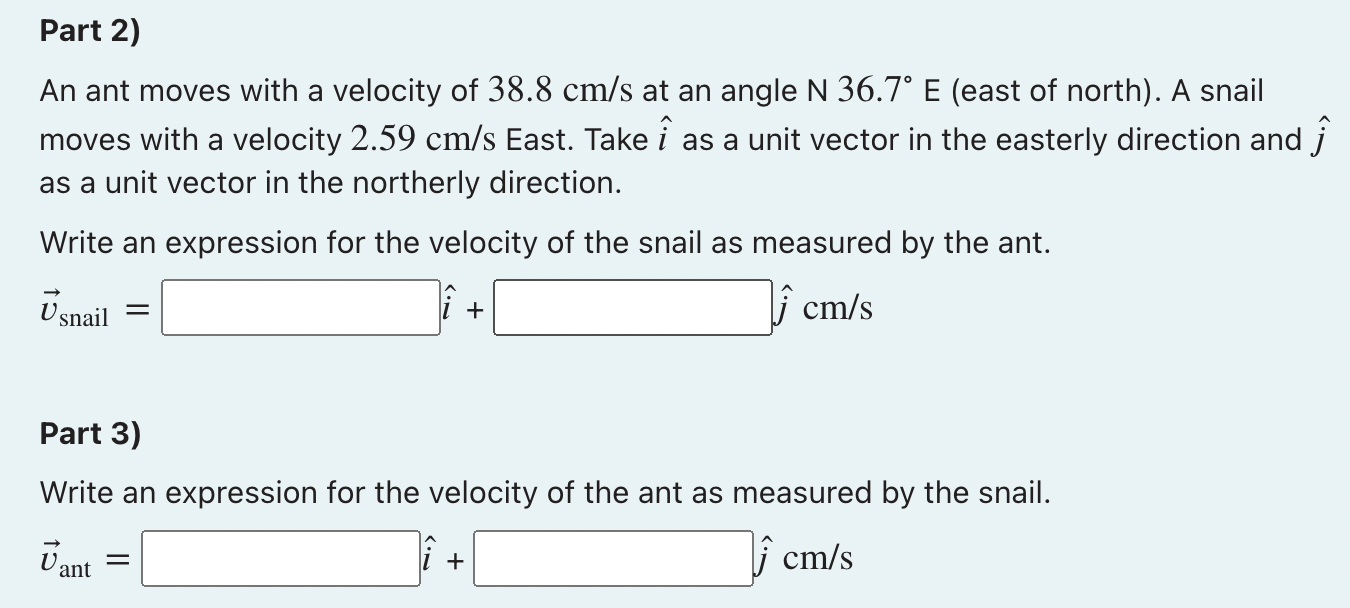 Solved An ant moves with a velocity of 38.8 cm/s at an angle | Chegg.com