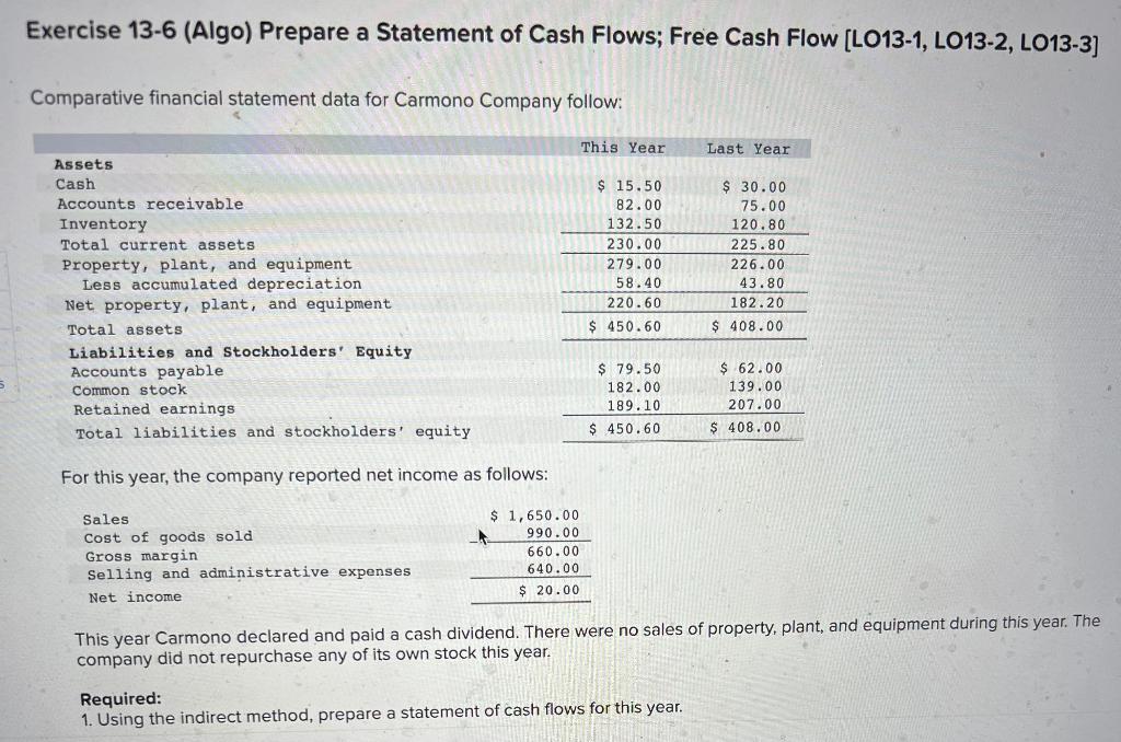 Solved Exercise 13 6 Algo Prepare A Statement Of Cash 5789