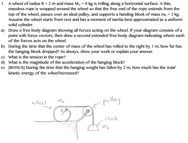 Solved 1. A wheel of radius R= 2 m and mass Mw = 8 kg is | Chegg.com