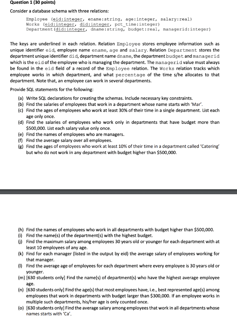 Solved Question 1 (30 points) Consider a database schema | Chegg.com