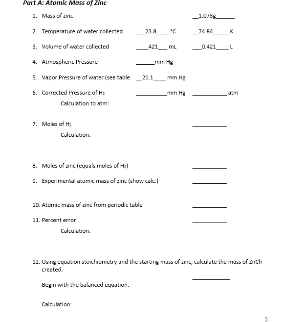 Solved Part A Atomic Mass of Zinc 1. Mass of zinc _1.0738