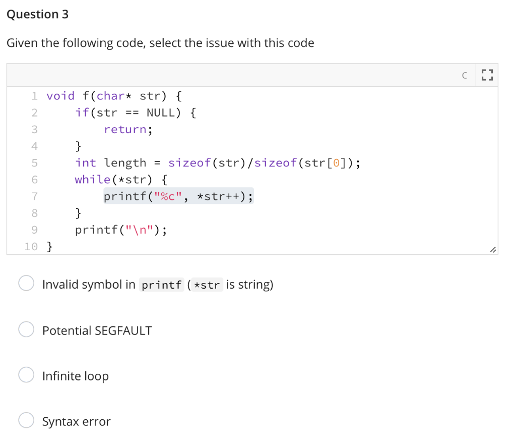 Solved Question 3 Given the following code, select the issue | Chegg.com