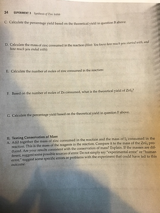 Solved Data for the Synthesis of Znl2 1. a. Mass of empty