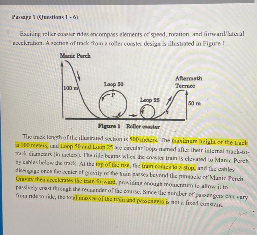 Solved Passage 1 Questions 1 6 Exciting roller coaster Chegg