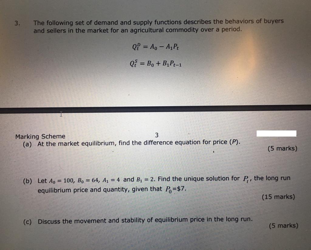 Solved 3 . The following set of demand and supply functions | Chegg.com