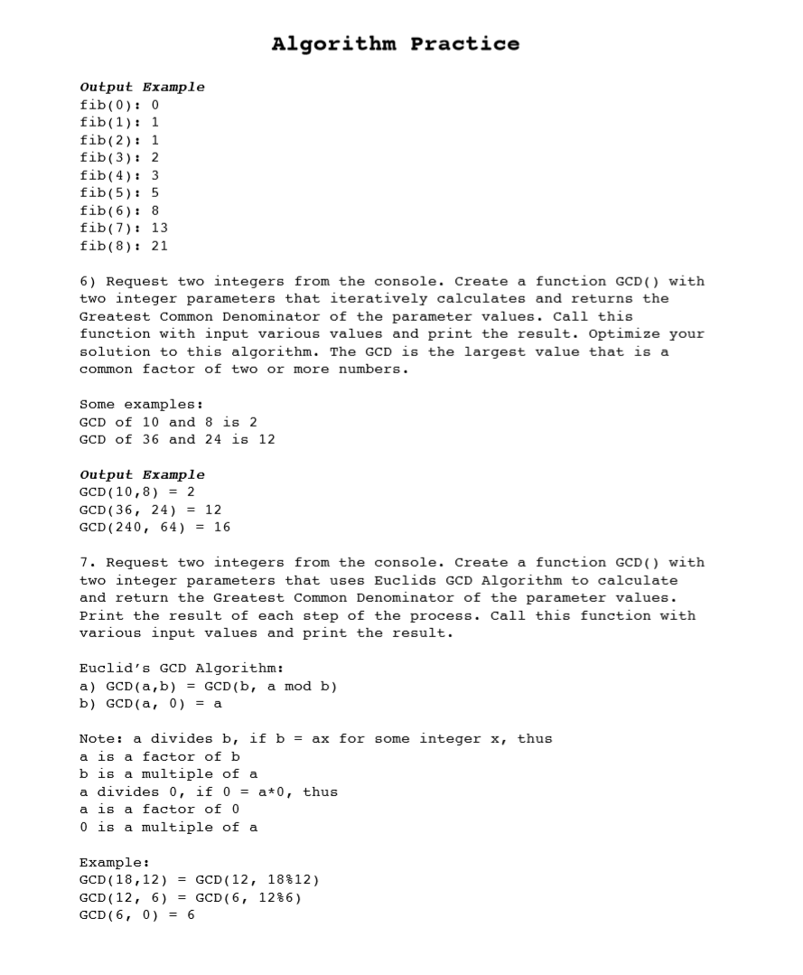 Solved Algorithm Practice Output Example fib(0) 0 fib(1): 1 | Chegg.com