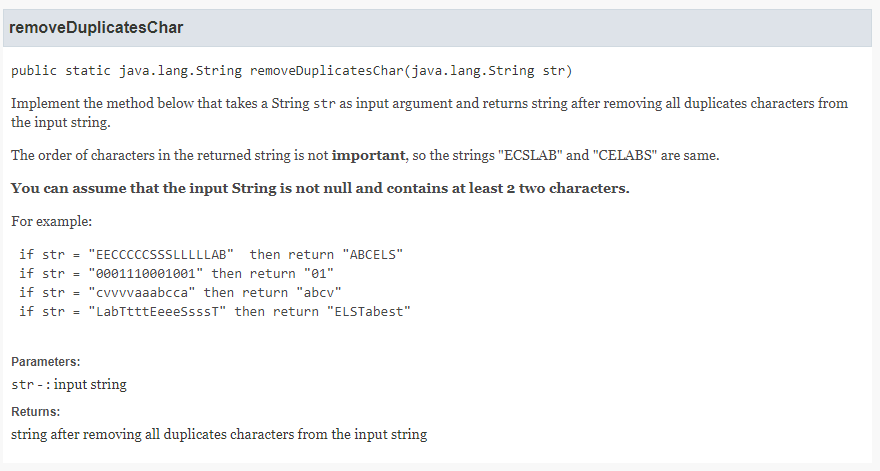 Solved remove DuplicatesChar public static java.lang.String | Chegg.com
