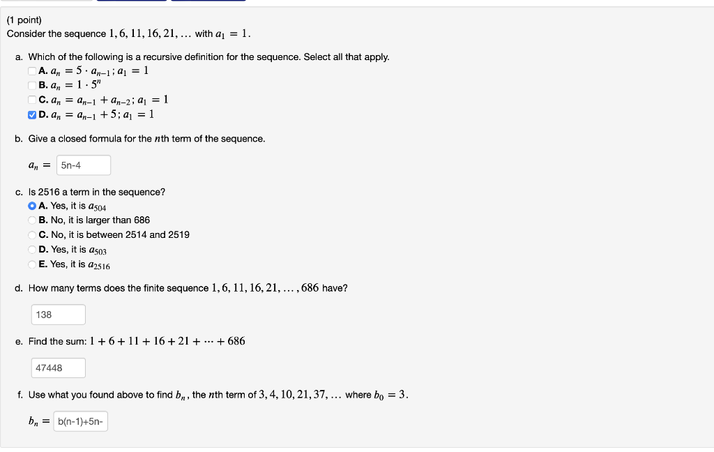 Solved (1 Point) Consider The Sequence 1,6,11,16,21,… With | Chegg.com