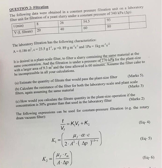 QUESTION 2: Filtration The Following Data Were | Chegg.com