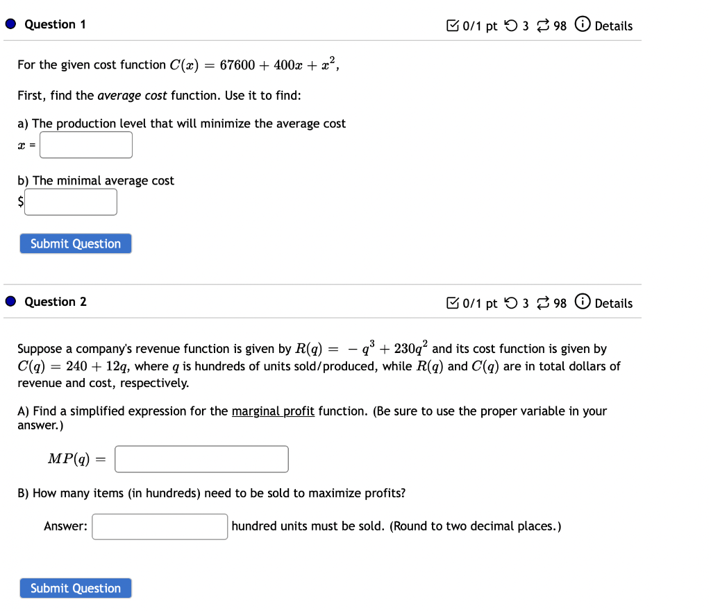 Solved For The Given Cost Function C(x)=67600+400x+x2, | Chegg.com