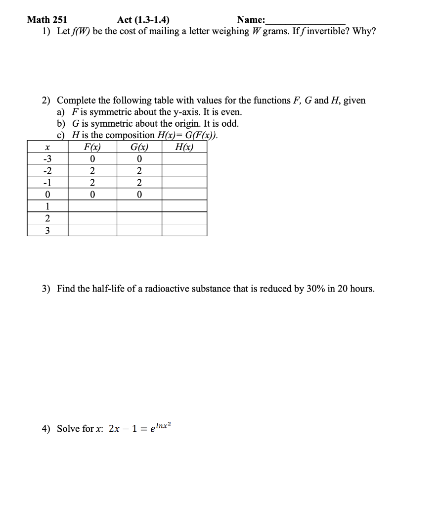 Solved Math 251 Act 1 3 1 4 Name 1 Let F W Be The Co Chegg Com