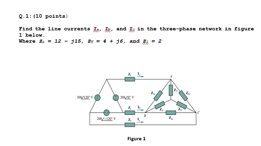 Solved Q.1: (10 points) Find the line currents Ia, Ib, and | Chegg.com