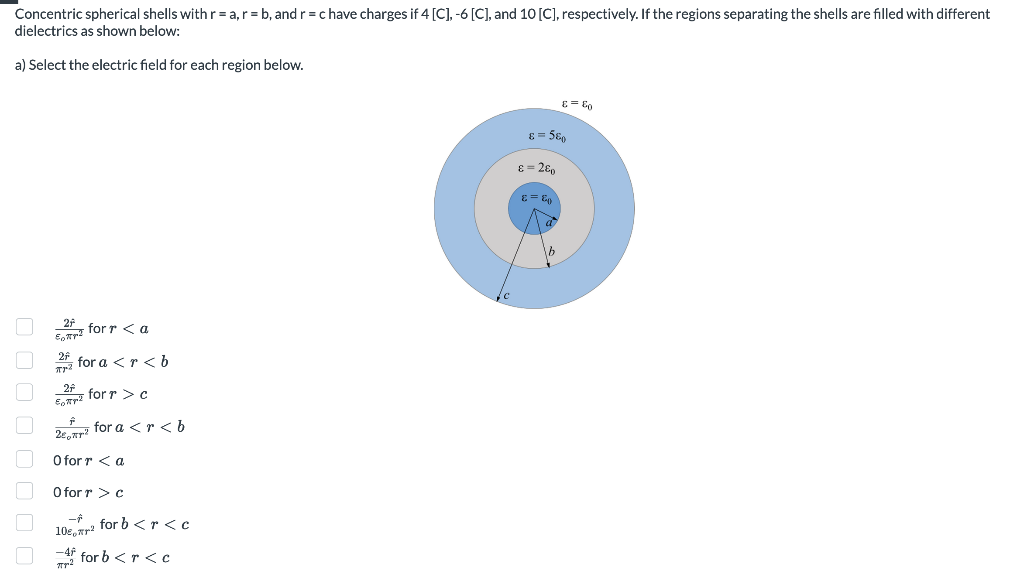 Solved Concentric spherical shells with r=a,r=b, and r=c | Chegg.com