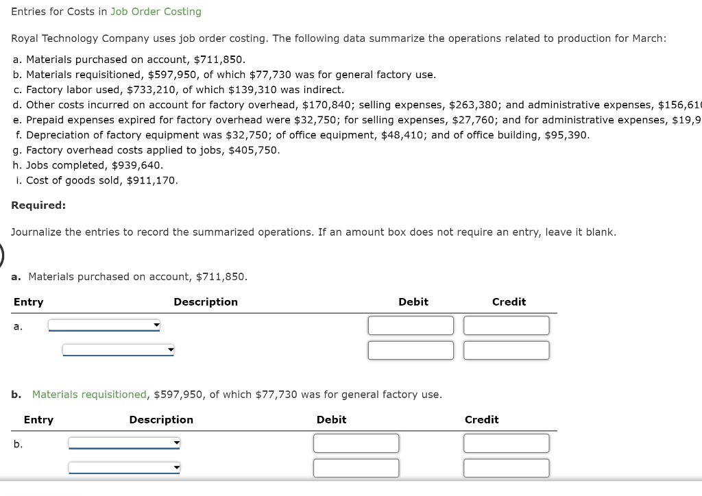 Solved Entries for Costs in Job Order Costing Royal