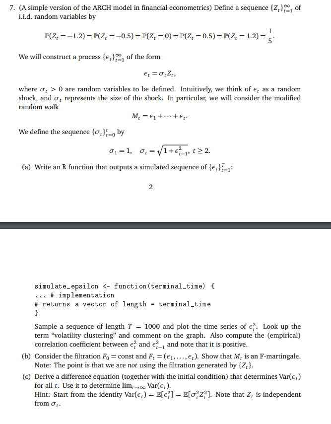 7. (A simple version of the ARCH model in financial | Chegg.com