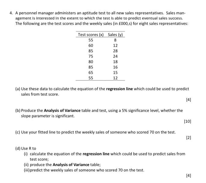 Solved 4. A personnel manager administers an aptitude test | Chegg.com