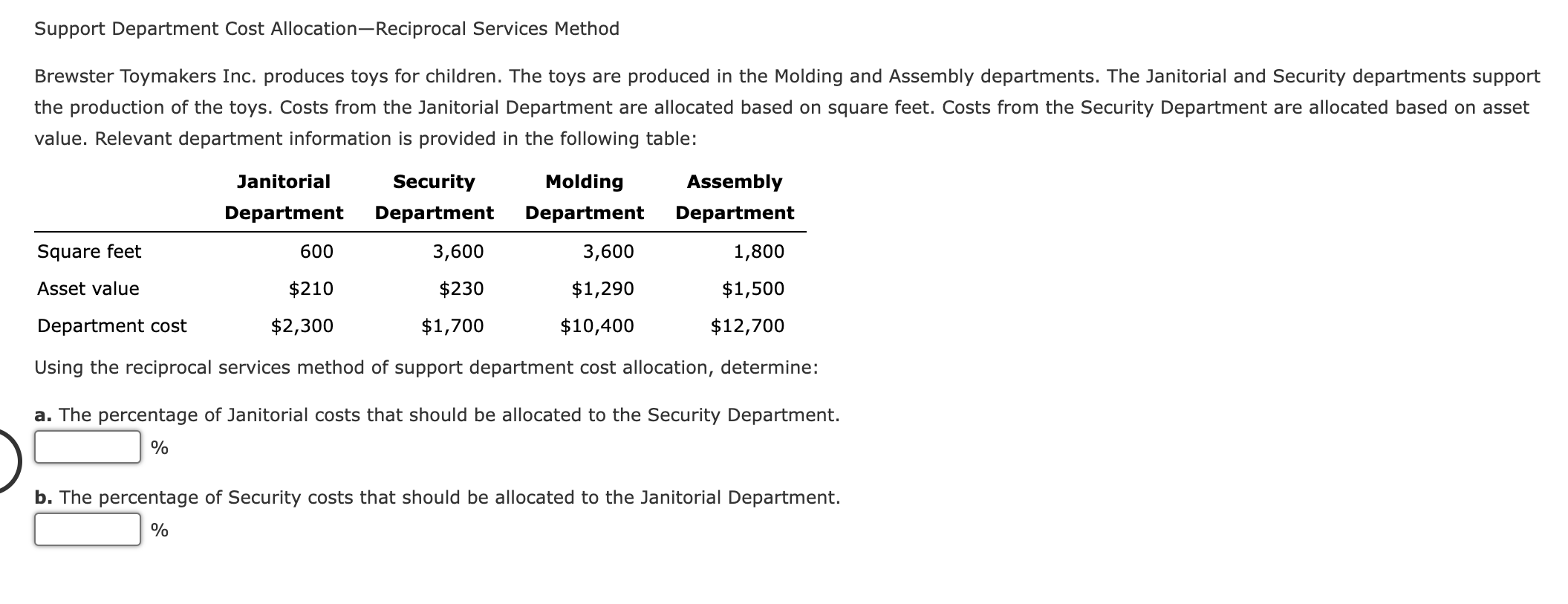 Solved Support Department Cost Allocation-Reciprocal | Chegg.com