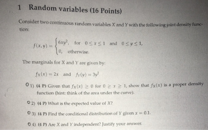 Solved 1 Random variables (16 Points) Consider two | Chegg.com