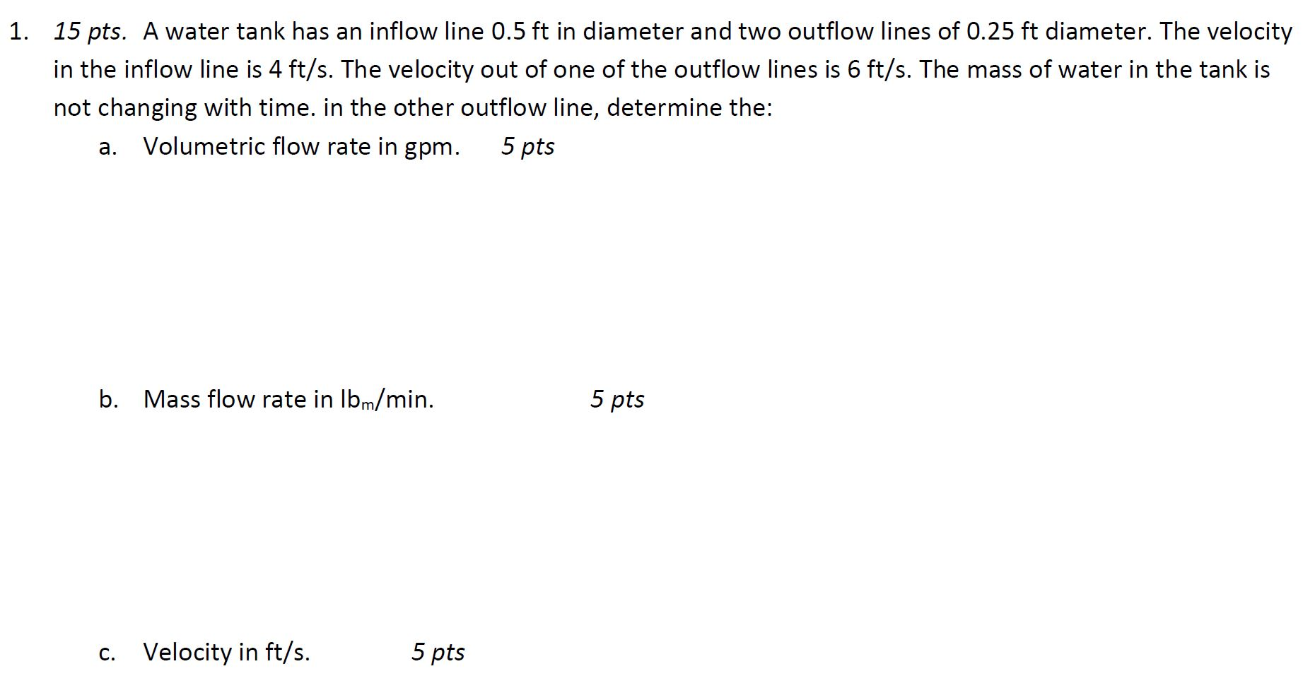 Solved 1. 15 pts. A water tank has an inflow line 0.5 ft in | Chegg.com