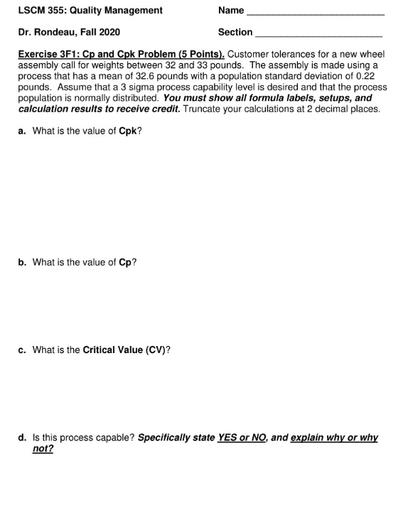 Solved LSCM 355: Quality Management Name Dr. Rondeau, Fall | Chegg.com