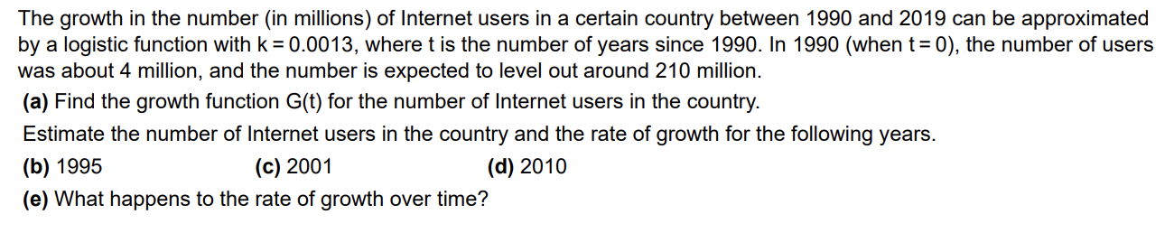 Solved The growth in the number (in millions) of Internet | Chegg.com