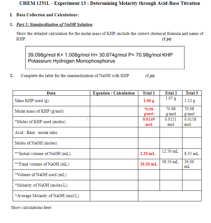 Solved Data for Experiment 13 Determining Molarity through