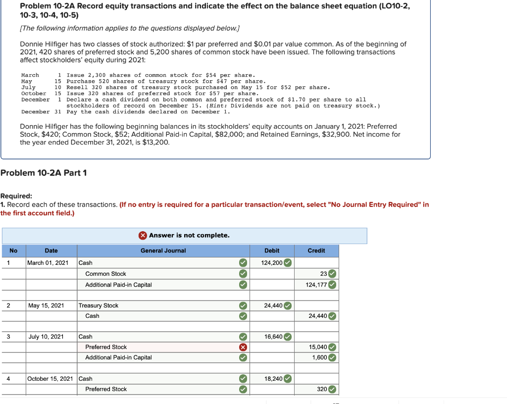 Solved Problem 10-2A Record equity transactions and indicate | Chegg.com