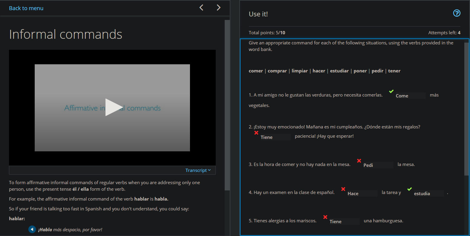 Back to menu Informal commands Affirmative in al | Chegg.com