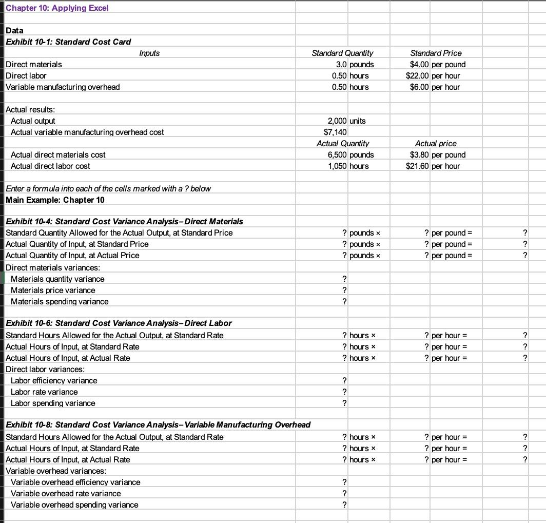 Solved Chapter 10: Applying Excel Data Exhibit 10-1: | Chegg.com