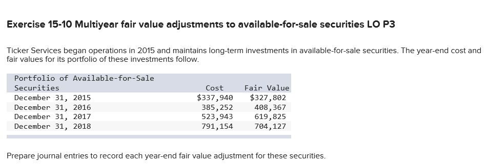 Solved Exercise 15-10 Multiyear fair value adjustments to | Chegg.com