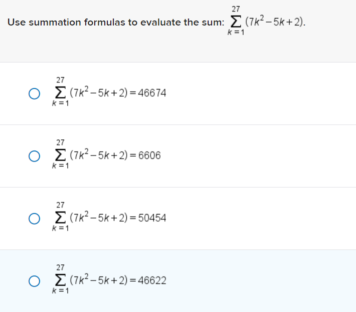 Solved Use summation formulas to evaluate the sum: | Chegg.com