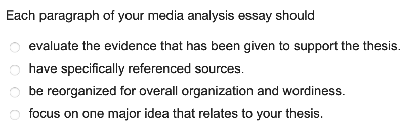 each paragraph of your media analysis essay should quizlet