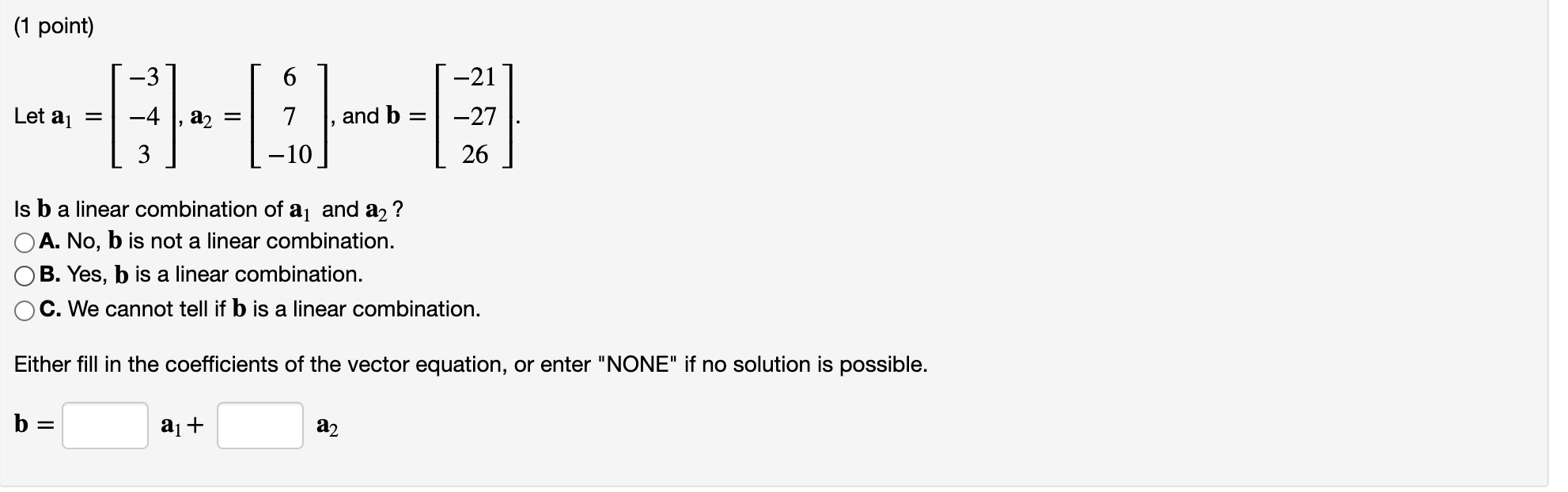 Solved (1 point) Let 4 -6 U = 7 V = W= 7 -3 7 Compute bu + | Chegg.com