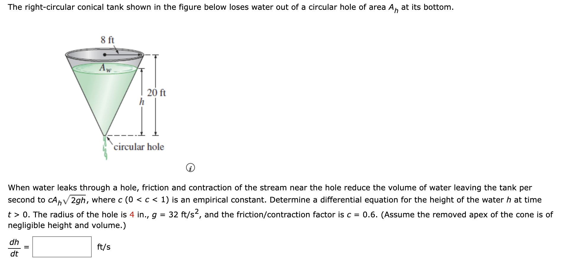 Solved The rightcircular conical tank shown in the figure