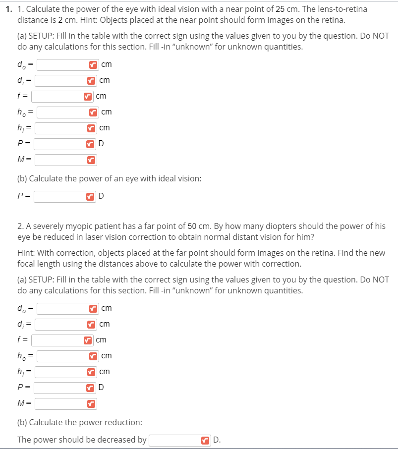 Solved 1. 1. Calculate the power of the eye with ideal | Chegg.com