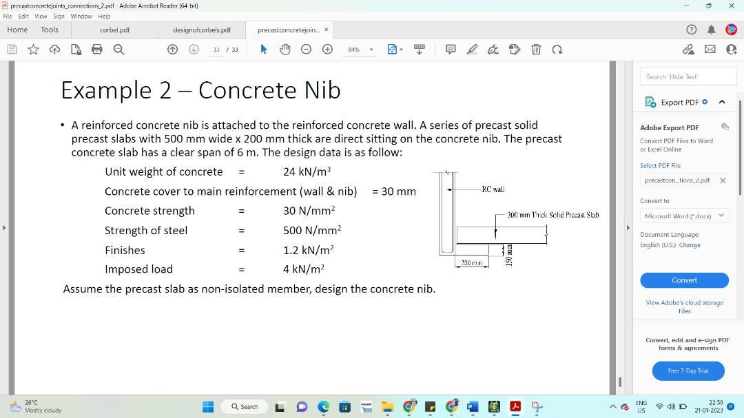 Solved Example 2 Concrete Nib A reinforced concrete nib