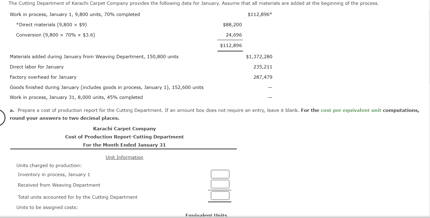 Solved Prepare A Cost Of Production Report For The Cutting 4580