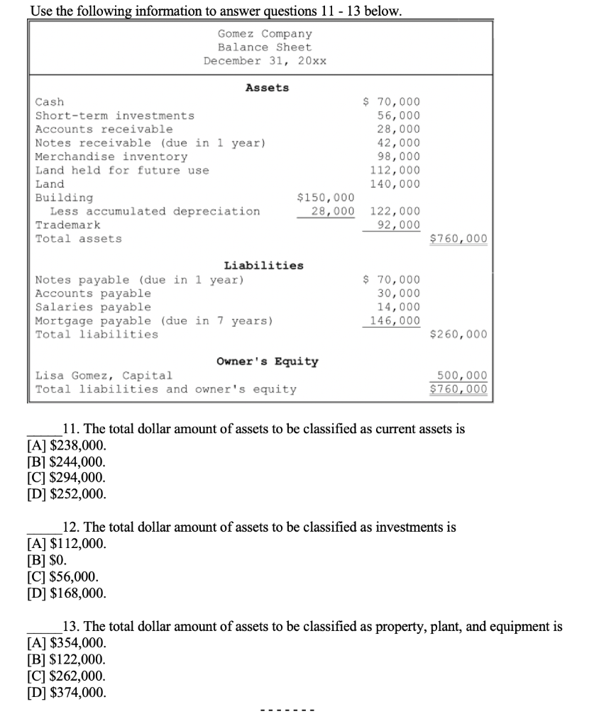Solved Use the following information to answer questions 11