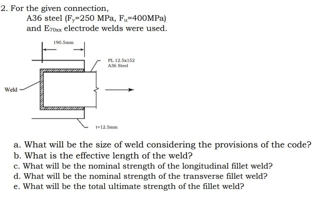 Solved 2. For the given connection, A36 steel (Fy=250 MPa,