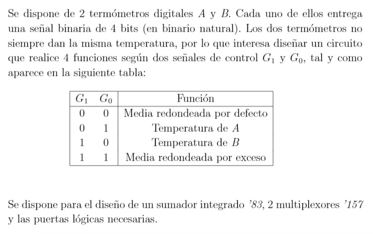 Se dispone de 2 termómetros digitales \( A \) y \( B \). Cada uno de ellos entrega una señal binaria de 4 bits (en binario na