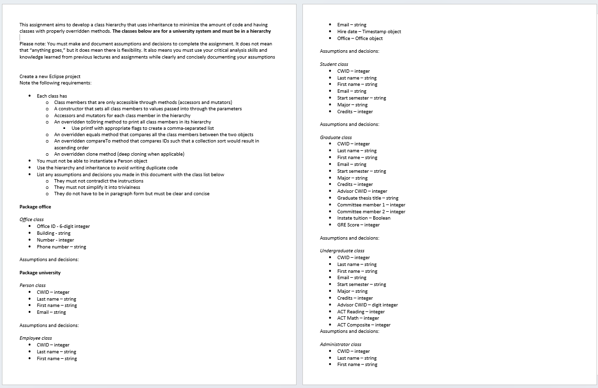 Solved This assignment aims to develop a class hierarchy | Chegg.com