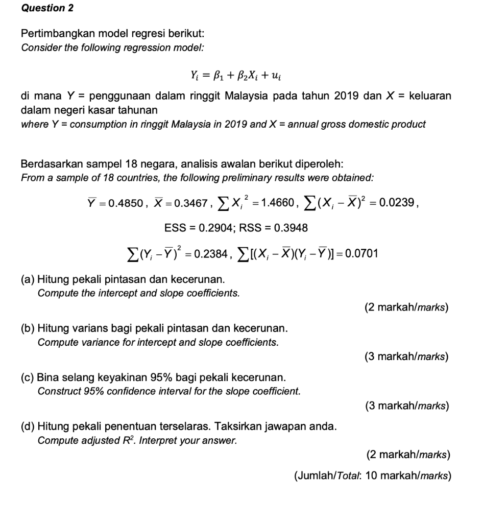 Solved Question 2 Pertimbangkan Model Regresi Berikut Chegg Com