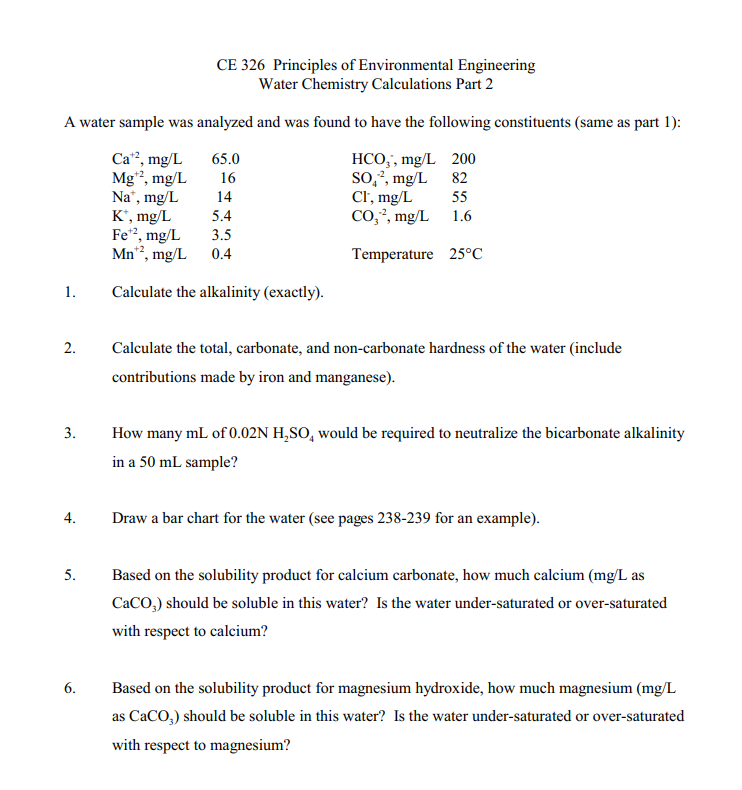 Solved CE 326 Principles of Environmental Engineering Water | Chegg.com