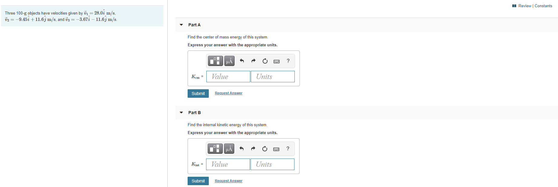Solved Three 100 Gg Objects Have Velocities Given By V 1 Chegg Com