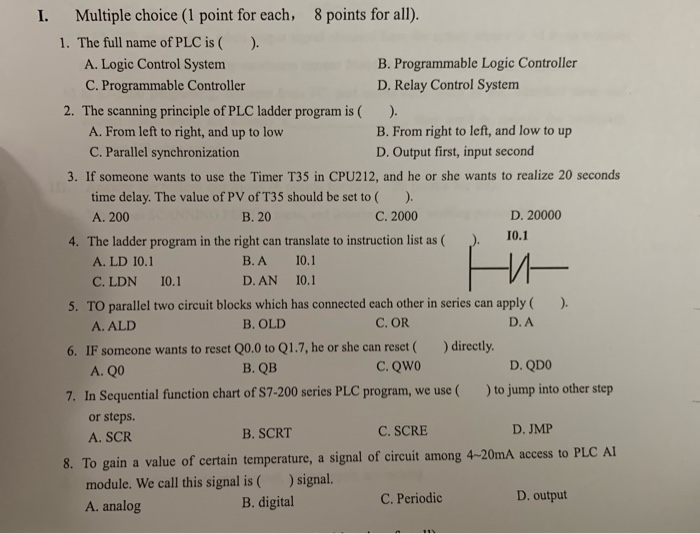 Solved 8 points for all). Multiple choice (1 point for each,