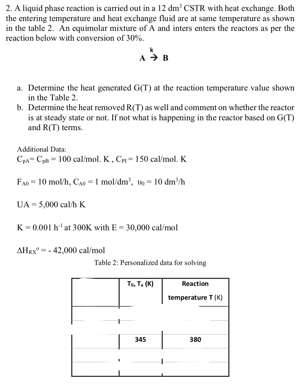Solved 2. A liquid phase reaction is carried out in a 12 | Chegg.com