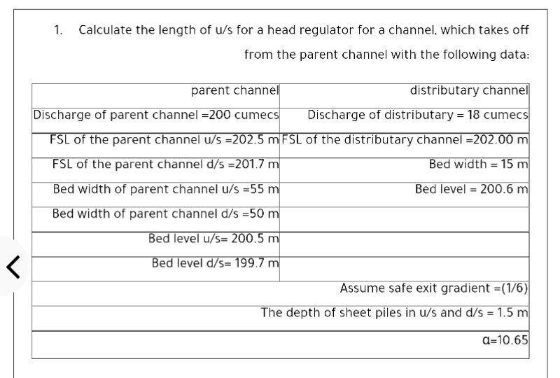 Solved 1. Calculate the length of us for a head regulator