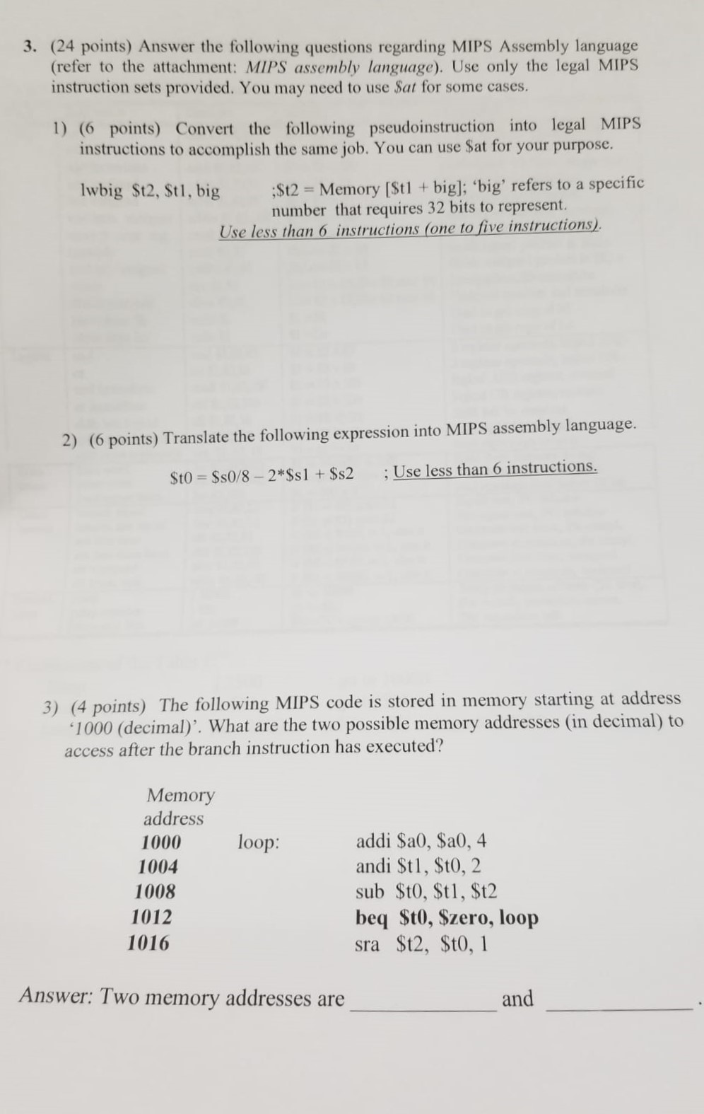 Solved Table 1. MIPS Assembly Language Example Add $1,$2,83 | Chegg.com