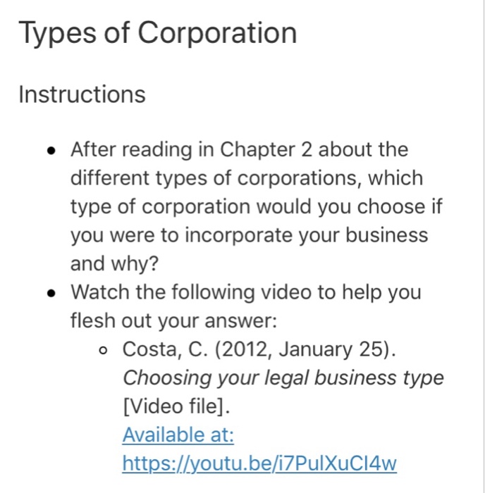 Solved Types of Corporation Instructions . After reading in